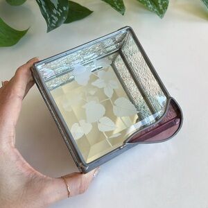 Vintage Etched Floral Stained Glass Trinket Box Decor